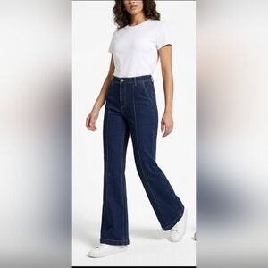 Avec Les Filles Hi-Waist Front Pleat Contrast Stitch Dark Wash Flare Jeans Sz 2